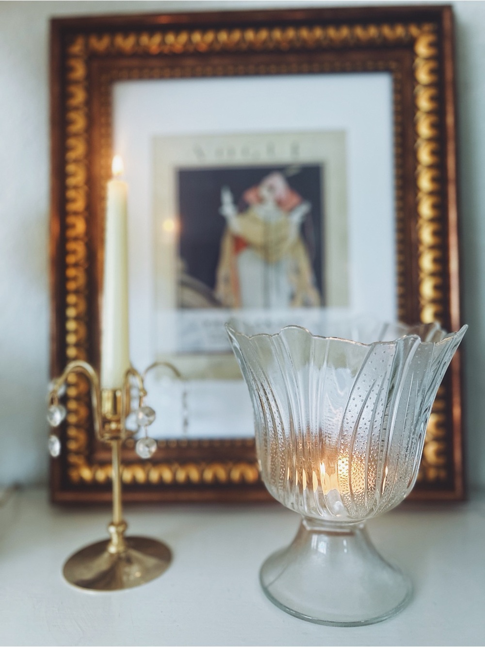 Vintage frosted glass pedestal candle holders/pair/tulip glass/cottage core